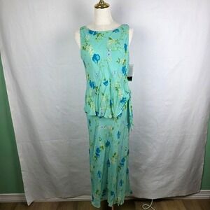 David Warren Petites Aqua Blue 100% Silk Floral Maxi Dress Size 10P NWT 90s Y2K